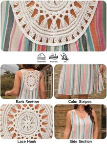 SHEIN LUNE Vestido sin mangas de talla grande de 100% algodón con rayas de colores para resort, uso de verano, vacaciones, uso diario al aire libre, vestido bohemio/estilo boho, esencial para llevar al resort