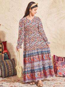 SHEIN Leap Crew Tween Girls Loose V-Neck Long Sleeve Ruffle Sleeve Print Long Dress - Coral Orange - View 5