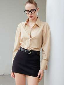 SHEIN Privé Solid Button Front Shirt Button Up Shirt Women  Fall Cloth For Women - Khaki - View 6