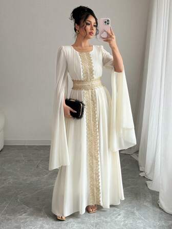 Rafferiza 女式优雅开叉袖闪亮花朵蕾丝花边系腰连衣裙