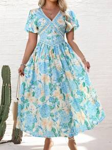 INAWLY 大码女式花卉印花泡泡袖优雅舒适度假连衣裙