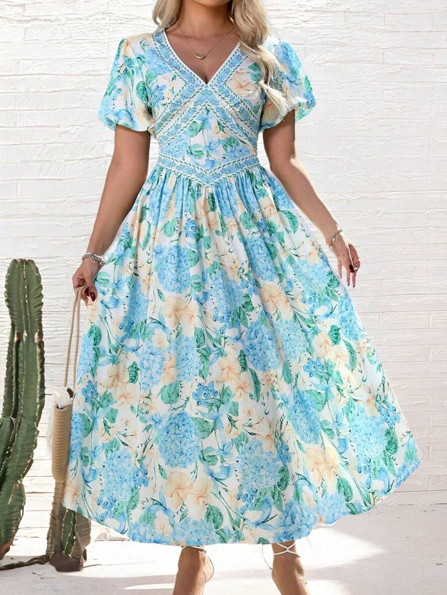 INAWLY 大码女式花卉印花泡泡袖优雅舒适度假连衣裙