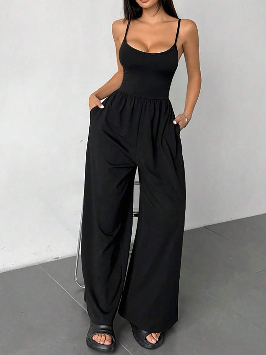 SHEIN PETITE 针织修身背心和阔腿及地连体裤，适合娇小女性，春夏 - 黑色 - 查看 1