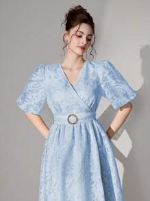 Poshira Batik Print Cross V-Neck Cinched Waist Midi A-Line Dress For Women