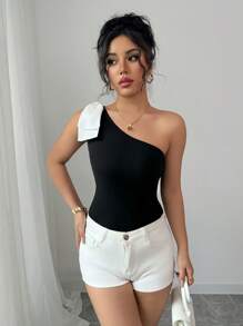 Chiquease Women's Vacation Bowknot One Shoulder Crop Top, Spring/Summer - Black and White - View 1