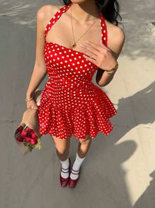 SHEIN EZwear 女士波尔卡圆点花卉荷叶边下摆挂脖迷你连衣裙，度假风格