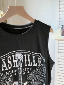 Comfortcana Summer Guitar Graphic Cropped Square Neck Top, Rave Top - Dark Grey - View 3