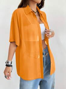 SHEIN EZwear 复古休闲橙色透视音乐节女式短袖纽扣衬衫 - 橘色 - 查看 3