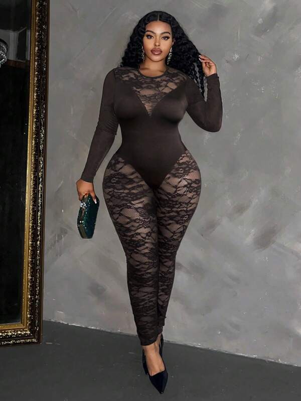 Maweii Plus Size Sexy Lace Splice Skinny Jumpsuit