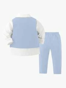 SHEIN Bộ vest nam 2 món: Áo ghi lê trơn và quần dài, thời trang thoải mái cho tiệc sinh nhật, sự kiện buổi tối, đám cưới - Màu xanh nhạt - Xem 3