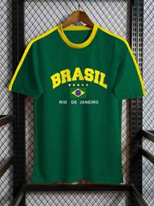 Tween Boys Contrast Color Brazilian Print Round Neck Short Sleeve T-Shirt - Green - View 1