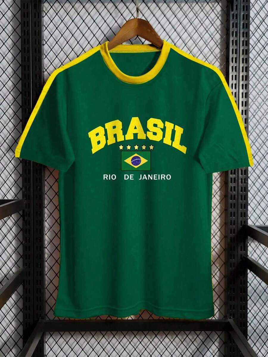 Tween Boys Contrast Color Brazilian Print Round Neck Short Sleeve T-Shirt - Green - View 1