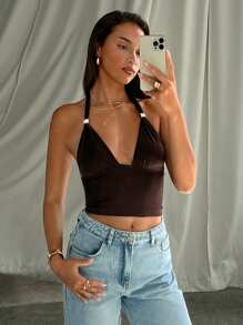 Aloruh Women's Solid Color Pleated Form-Fitting Halter Neck Knit Camisole,Rave Top - Coffee Brown - View 6