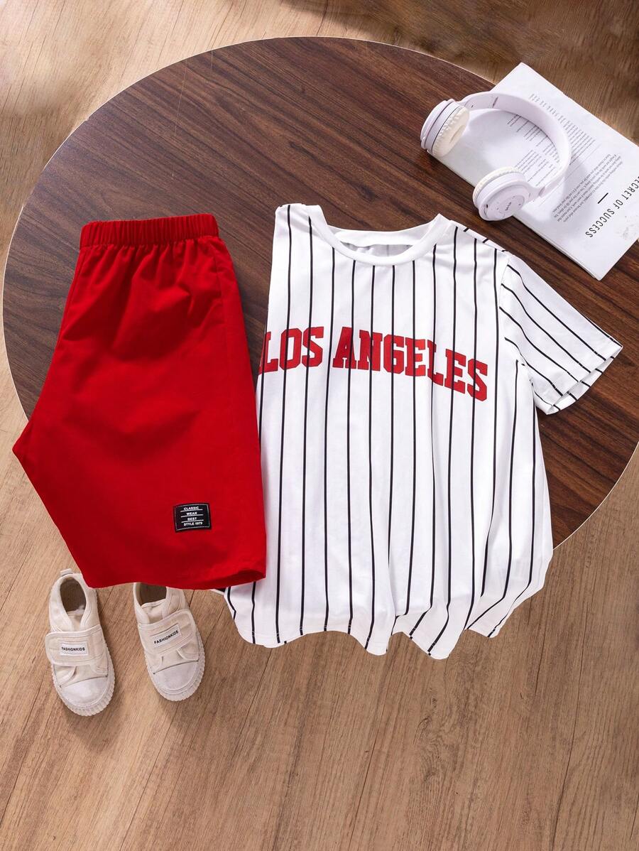 2pcs/Set Tween Boys White Letter Print T-Shirt & Loose Red Shorts Set - Multicolor - View 1