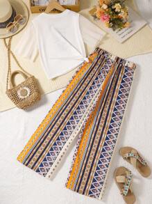 Tween Girls Casual Printed Mesh Top & Allover Pattern Pants Set, Suitable For Vacation, Summer - Multicolor - View 2