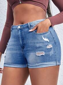 SHEIN SXY Plus Size Summer Casual Washed Distressed Slim Fit Denim Shorts - Medium Wash - View 7