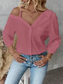 SHEIN Essnce 女装春秋纯色不对称领落肩宽松休闲衬衫春夏新款时尚街头风格休闲不对称肩衬衫 - 藕粉色 - 查看 7