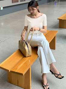 DAZY 女士圆领修身短袖优雅 T 恤，灰色，春夏，商务休闲女士 - 白色 - 查看 5