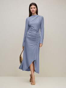 BizChic 2025 Sommer Neu Blaues Kleid mit V-Ausschnitt, geraffelte Schulter, asymmetrischer Saum und Langarm, Business Lässig Tagesoutfit elegant für Strandurlaub, geeignet als Hochzeitsgast, Country Music Festival, Brunch, Flughafen Lässig, 90er Jahre Vintage Stockholm Stil, 4. Juli - Blau - Übersicht 1