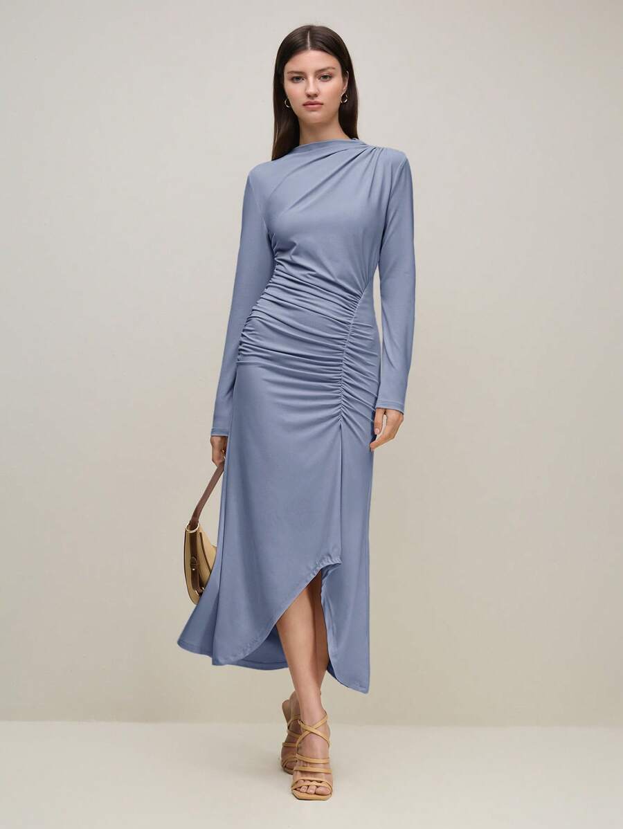 BizChic 2025 Sommer Neu Blaues Kleid mit V-Ausschnitt, geraffelte Schulter, asymmetrischer Saum und Langarm, Business Lässig Tagesoutfit elegant für Strandurlaub, geeignet als Hochzeitsgast, Country Music Festival, Brunch, Flughafen Lässig, 90er Jahre Vintage Stockholm Stil, 4. Juli - Blau - Übersicht 1