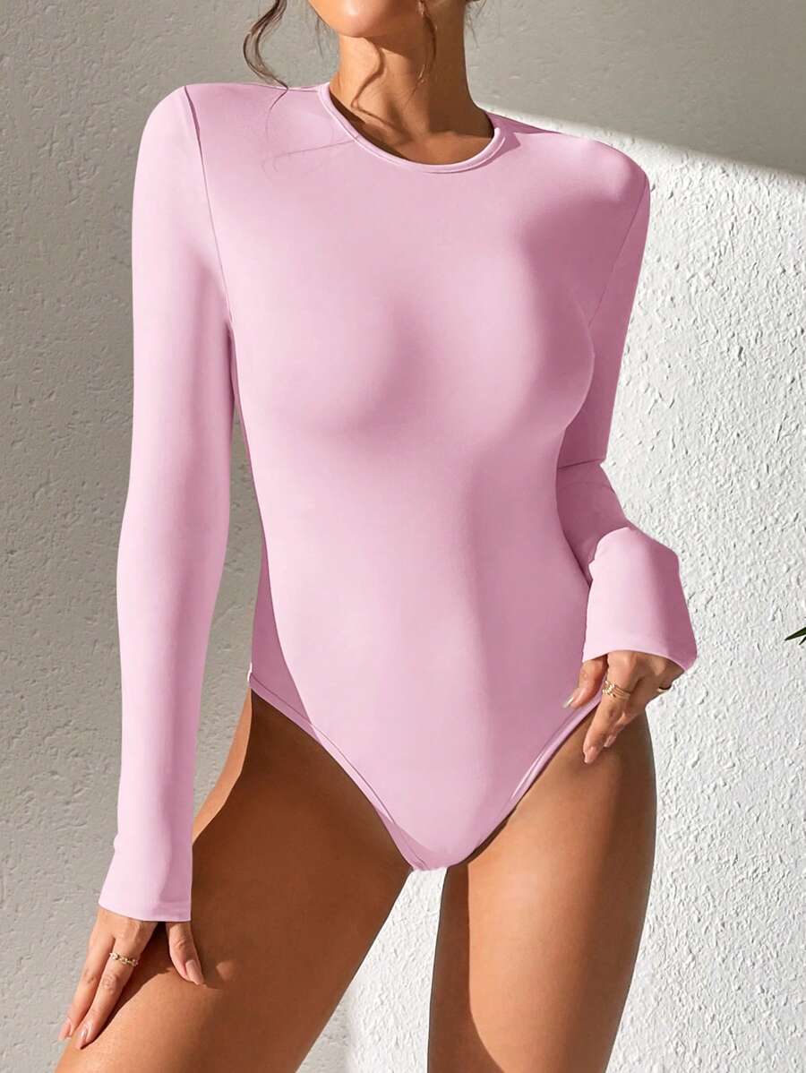SHEIN PETITE Solid Slim Fit Spring Women Bodysuit Pink
