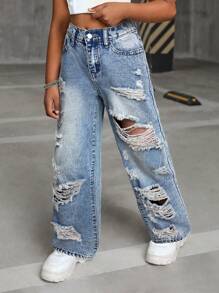 SHEIN Tween Girl Y2K Loose Fit Casual Denim Pants With Pockets And Wide Legs, Kids Fall Back To School Denim Jeans, Kid Tween Girl Spring And Summer Casual Vacation Country Boho Wear, Beach For Kid Tween Girl, Western Street Wear For Girl, Spring Break, Rave Festival Denim Jeans - Light Wash - View 3