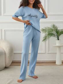 RueChic Women Contrast Colour Slogan Printed Basic Homewear Lounge Set - Blue - View 3