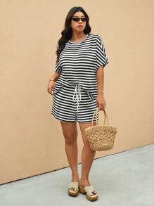 Elaquor Set da 2 pezzi composto da blusa a pipistrello a righe e pantaloncini, abbigliamento casual da resort, taglie forti
