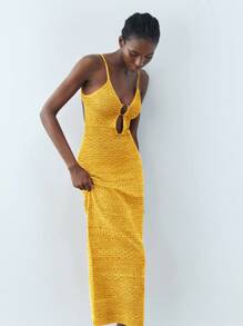 Maija 春夏新款黄色圆形金属纽扣假日优雅现代女式毛衣裙适合外出度假、节日、日常休闲、海滩婚礼、情人节派对穿着老款90年代女装波西米亚风