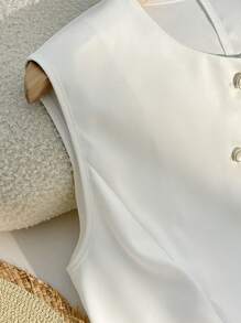 Franclia 女士时尚休闲无袖单排扣腰部修身仿口袋衬衫 - 白色 - 查看 6