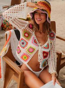Swim Vcay Handmade Crochet Floral Casual Bohemian Style Beach Cover Up/Kimono (Floral Pattern Color Randomly Picked) - Multicolor - View 1