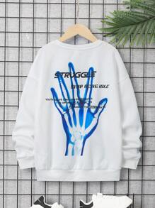SHEIN Chico preadolescente Sudadera esqueleto con estampado de mano y slogan de hombros caídos con forro térmico - Blanco - Ver 6