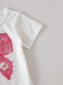 SHEIN Playful Pals 女婴夏季休闲可爱粉色蝴蝶结印花短袖上衣和牛仔裤套装，带多个丝带蝴蝶结装饰，韩版风格 - 白色 - 查看 6