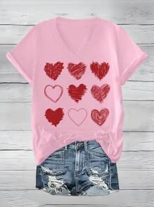 SHEIN LUNE Camiseta de manga corta para el Día de San Valentín, camiseta de manga corta con escote en V y estampado de corazón, adecuada para primavera y verano, ropa de mujer