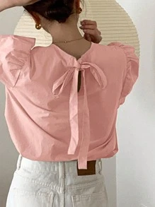 DAZY Camicia donna a maniche corte e ampie, legata in vita, a tinta unita, verde menta, adatta per primavera/estate