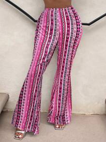 SHEIN SXY 大码女式佩斯利印花蓝色中腰喇叭腿抽绳高腰裤，春夏度假