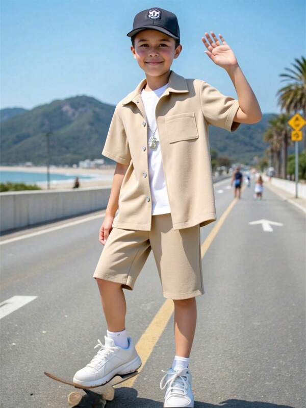 SHEIN Tween Boy Solid Pocket Patched Button Up Shirt & Shorts Without Tee