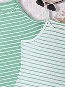 4pcs/Set Tween Girls Casual Striped Tank Dress, School, Campus, College - Green - View 8