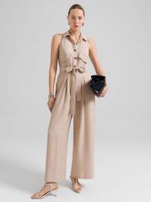 Ontre 2025 Summer New Arrival Women's Belted Contrast Color Collared Jumpsuit, Business Casual Daily Commute Elegant For Beach Resort, Wedding Guest, Country Music Festival, Brunch, Airport Outfit, Stockholm Style, American Independence Day