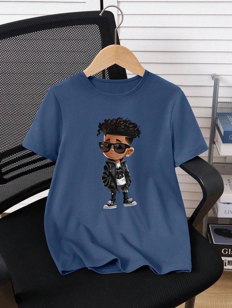 Tween Boys Cartoon Character Print Crew Neck Short Sleeve T-Shirt - Blue - View 1