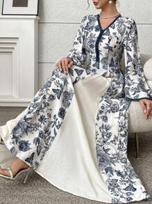 Yasmyna Vestido estilo árabe con estampado floral, cuello en V y mangas acampanadas, modesto, para mujer