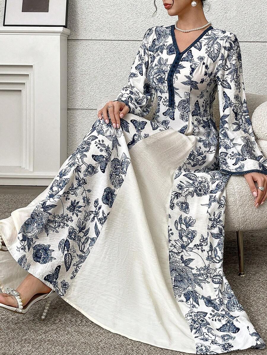 Yasmyna Vestido estilo árabe con estampado floral, cuello en V y mangas acampanadas, modesto, para mujer