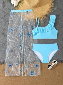 Tween Girls 2pcs Set: Blue Ruffled Trim Bikini Set Top & Butterfly Applique Pants - Blue - View 1