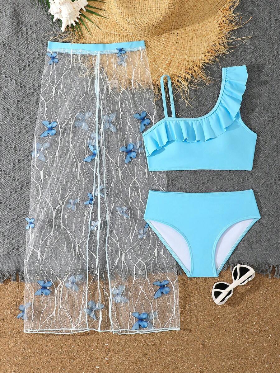 Tween Girls 2pcs Set: Blue Ruffled Trim Bikini Set Top & Butterfly Applique Pants - Blue - View 1