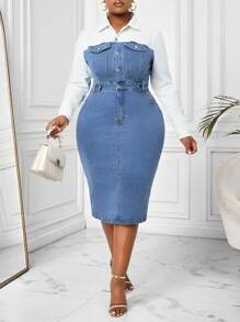 SHEIN Lady Plus Size Denim Bodycon Dress, Casual Long Sleeve Patchwork, Fall Women Clothes - Multicolor - View 5