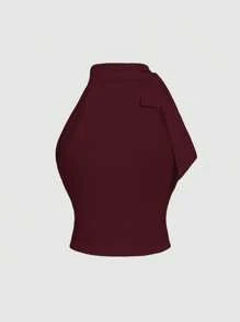 SHEIN MOD 大码高领蝴蝶结褶皱酒红色上衣 - 酒紅色 - 查看 2