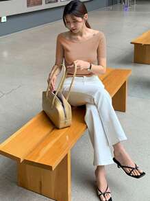 DAZY Women's Fitted Crew Neck Short Sleeve Elegant T-Shirt, Grey, Spring/Summer,Business Casual Women