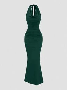 Sweetra Women's Black High Neck Ruffle Collar Bodycon Mermaid Dress, Elegant Party - Green - View 1