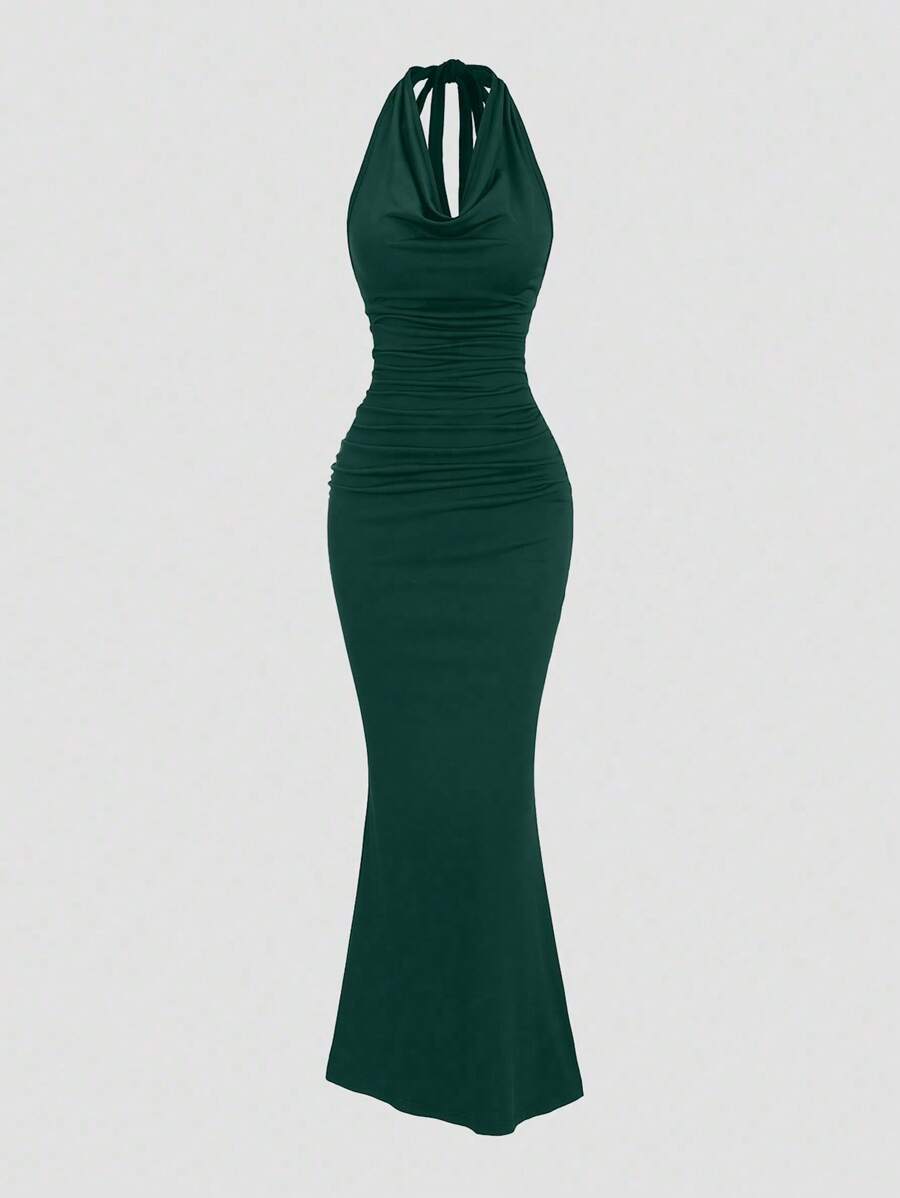 Sweetra Women's Black High Neck Ruffle Collar Bodycon Mermaid Dress, Elegant Party - Green - View 1