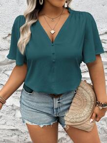 Vionelle Plus Size Solid Color Casual Summer Short Sleeve Shirt - Teal Blue - View 1